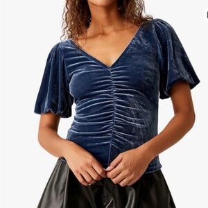 Free People Navy Velvet Ruched Blouse